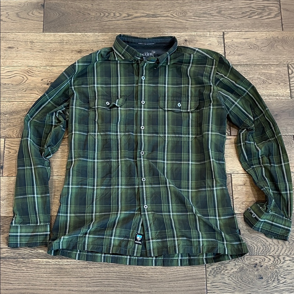 KUHL Men’s LS Green & Navy Plaid Button-Up Hiking Shirt